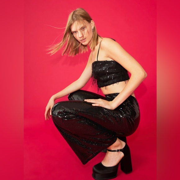 H&M Black sequin wide leg pants, lined. Women’s sz 18 - Picture 3 of 9